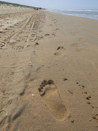Close-up of footprints on sand at beach