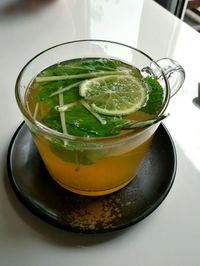 High angle view of tea in cup