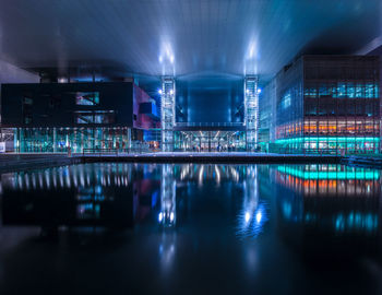 Reflection of illuminated buildings in water at night