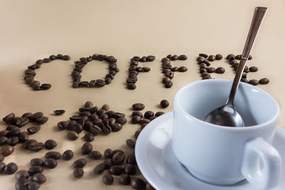 High angle view of coffee cup on table