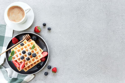 High angle view of breakfast served on table