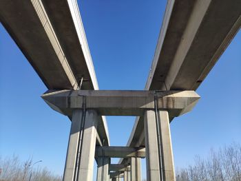 Low angle view of bridge against clear blue sky