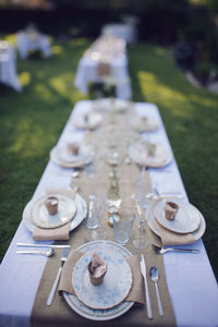 High angle view of place setting on table during wedding