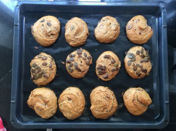 High angle view of cookies in container