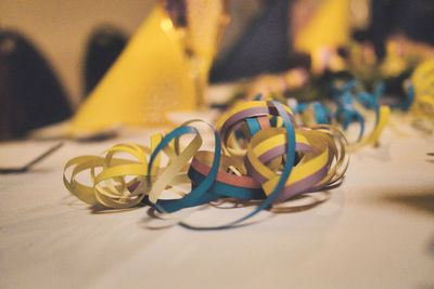 Close-up of ribbons on table