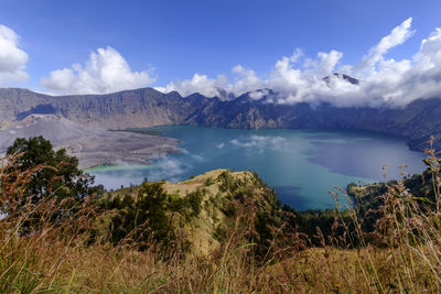 Scenic view of lake against cloudy sky