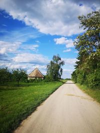 Road amidst field and houses against sky