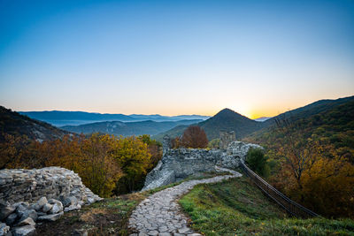 Scenic view of mountains against clear sky, ujarma, kakheti, georgia
