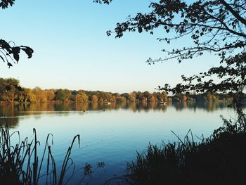 Scenic view of calm lake against clear sky