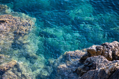 High angle view of rocks in sea