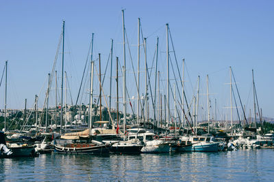 Boats in harbor against clear sky