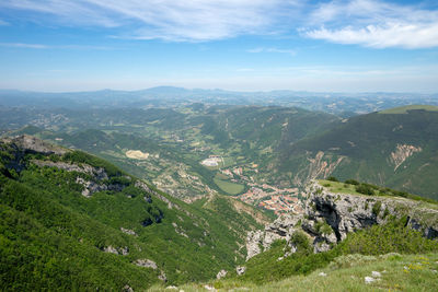 Forest, fields, valley on mountain nerone, with view of piobbico