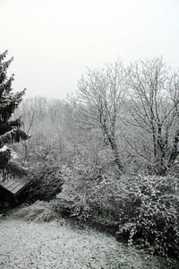 Snow covered land against clear sky