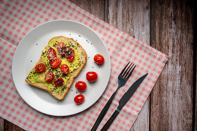 High angle view of breakfast served on table