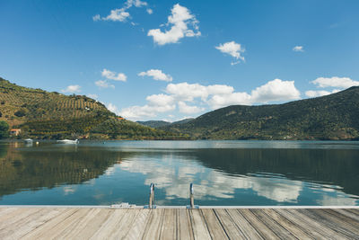 Scenic view of lake and mountains against sky