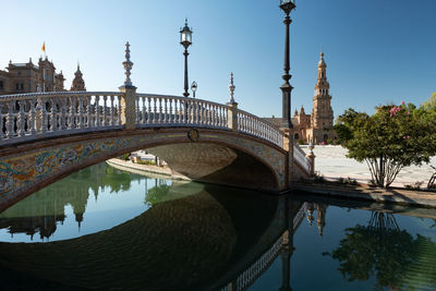 Bridge over river in city against clear sky