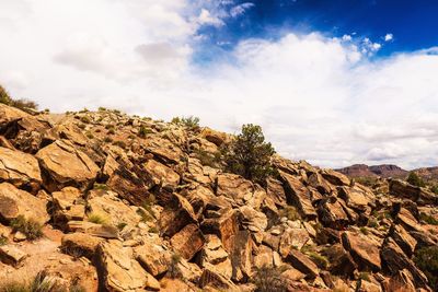 Low angle view of mountain against cloudy sky