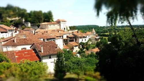 Houses and trees against sky