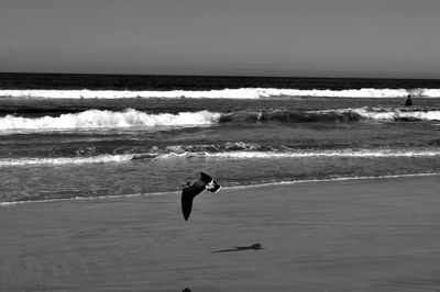 Man surfing on beach against sky