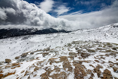 Snow covered landscape against sky