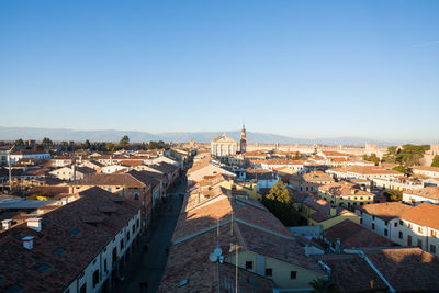 High angle view of townscape against clear sky