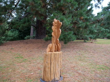 Wooden sculpture on field in forest