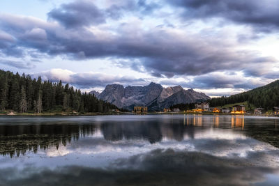 The view of lake misurina and mount sorapiss sunrise view taken during summer. dolomite, italy.