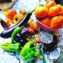 High angle view of fruits and vegetables on table