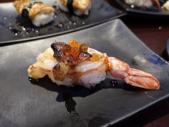 High angle view of sushi in plate on table