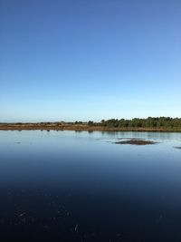 Scenic view of lake against clear blue sky