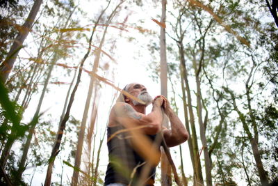 Low angle view of man standing in eucalyptus forest