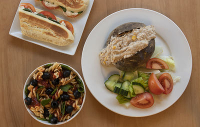 High angle view of breakfast served on table