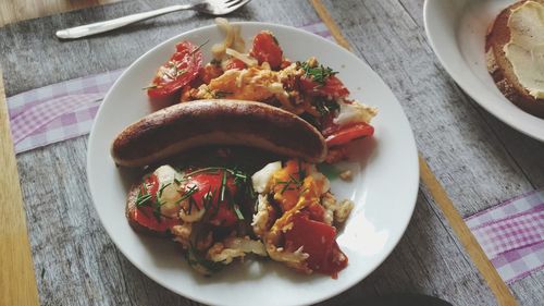 High angle view of breakfast served on table