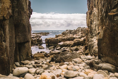 Rocks on beach against sky