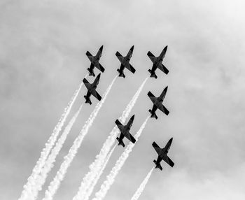 Low angle view of airplane flying in sky airshow 