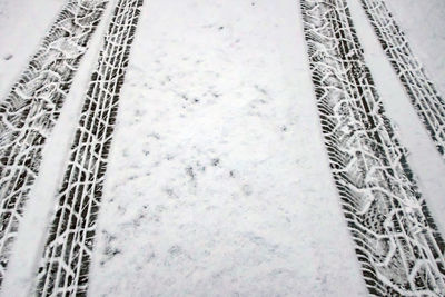 High angle view of snow covered field