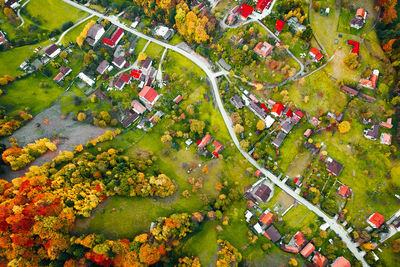 Aerial view of village in autumn valley