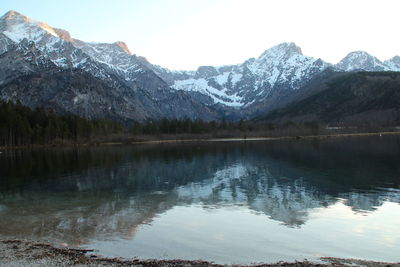 Scenic view of lake and snowcapped mountains against sky