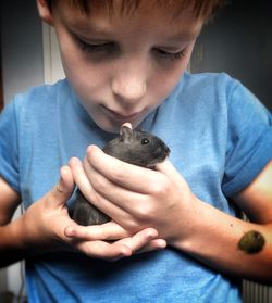 Close-up of cute boy holding rat at home