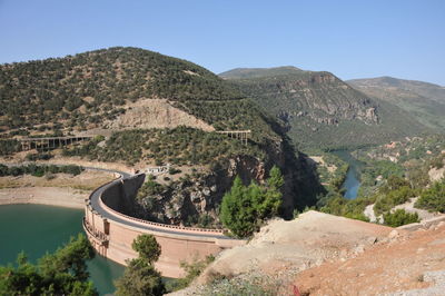 High angle view of mountains against clear sky