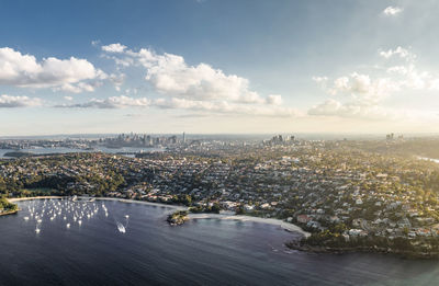 Aerial drone view of balmoral beach and edwards beach in the suburb of mosman, part of sydney.