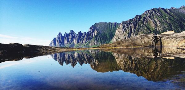Reflection of mountain in lake against clear blue sky