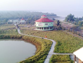 High angle view of lake against sky