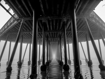 Interior of pier over sea against sky