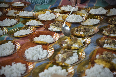 High angle view of dessert on table