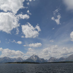 Scenic view of lake by mountains against sky