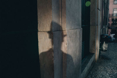 Shadow of person on wall in city