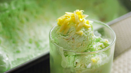 High angle view of ice cream in drinking glass on table