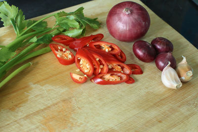 High angle view of vegetables on table