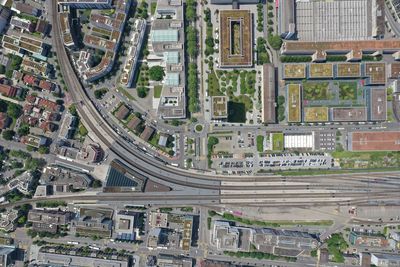 High angle view of buildings in city